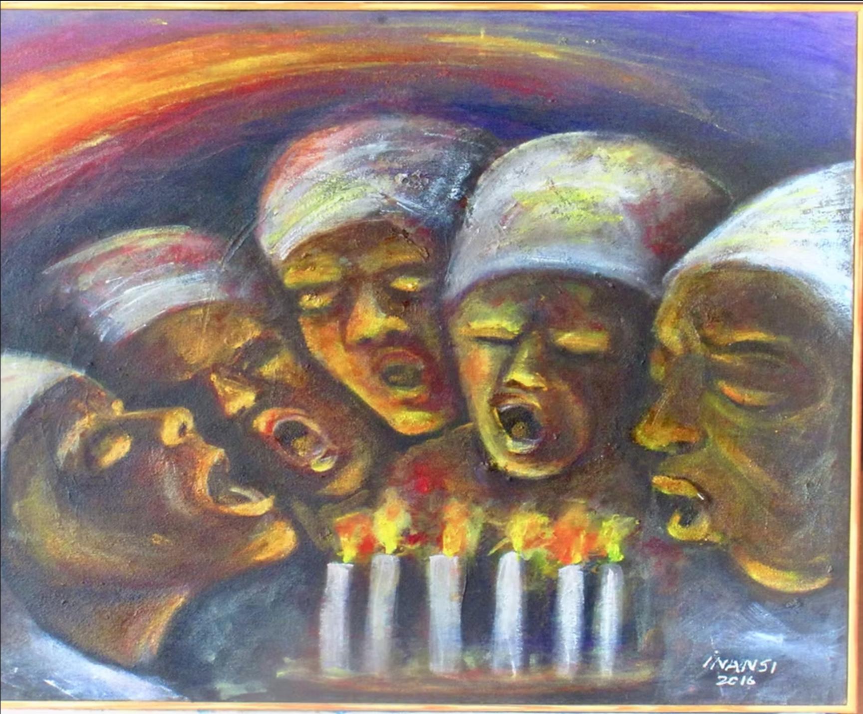 A vibrant painting of five individuals standing together, wearing white head coverings, with candles in the foreground, evoking an atmosphere of celebration and joy.