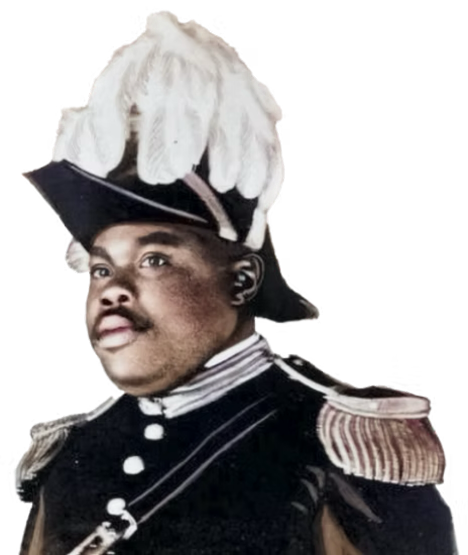 This is Marcus Garvey. The image depicts a man dressed in military attire, with a distinctive hat adorned with feathers and epaulets on his shoulders.